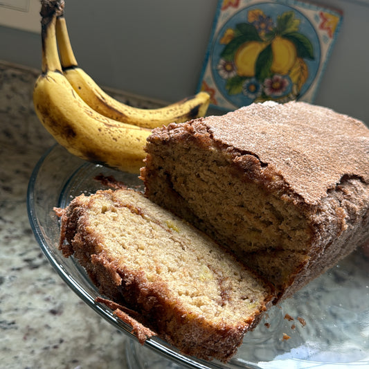 Cinnamon swirled banana bread with crispy brown sugar topping
